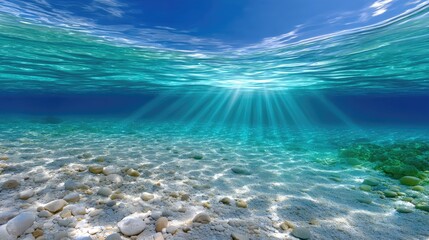 Vibrant Underwater Scene With Sun Rays Penetrating Turquoise Ocean Waters Above Sandy Seabed With Small Pebbles