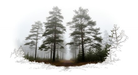 Misty Forest Scene with Tall Pine Trees and Foggy Atmosphere
