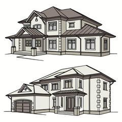 Two detailed vector illustrations of luxury houses