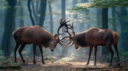 dominance. Two male deer with locked antlers in a misty forest. wildlife magazines, conservation campaigns, designed for wildlife conservation campaigns, promotes animal welfare.