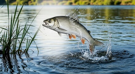 Fish Leaping Out of Water in Natural Lake Scene with Green Plants and Bright Sky