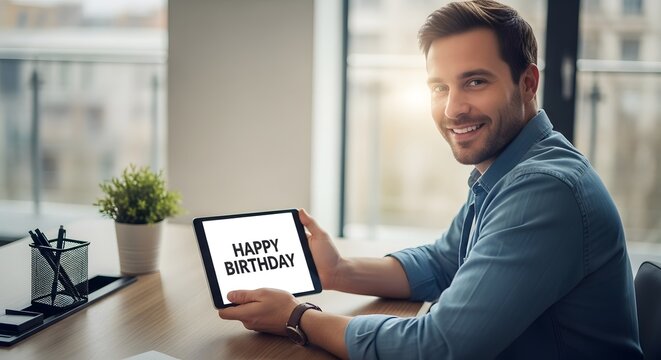 A smiling man sitting at a desk in a bright office holding a tablet with a birthday message displayed on the screen