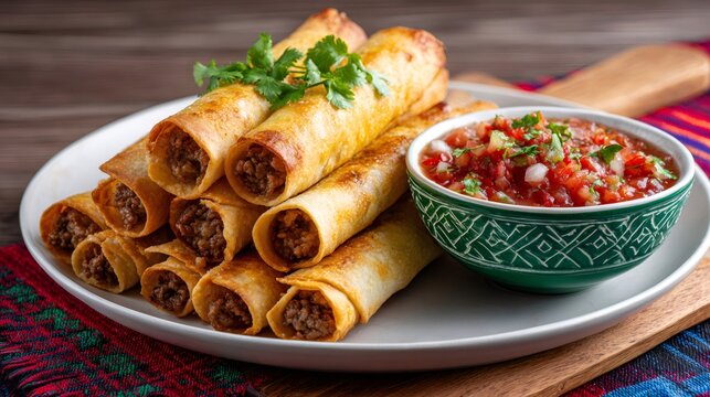 Mexican taquitos with beef and fresh salsa