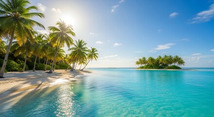 Tropical Beach Scene with Palm Trees and Clear Blue Water Under Bright Sunlight