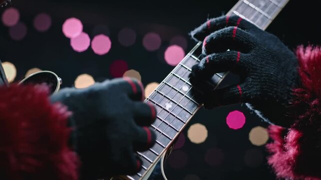 Santa Playing Electric Guitar Close-Up with Holiday Bokeh