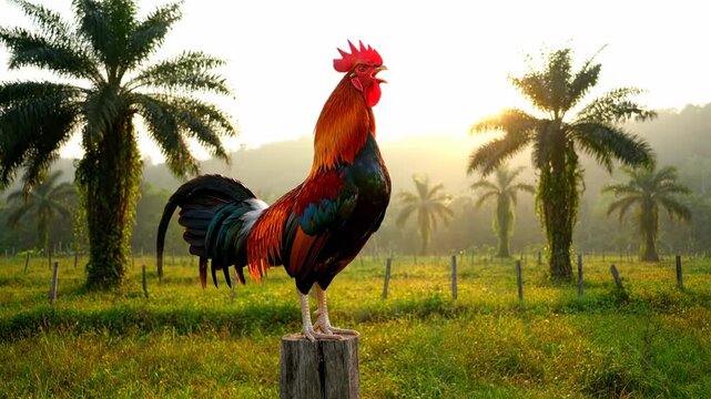 A rooster stands on a stump, crowing towards the dawn. Palm trees frame the scene with a fence and grassy field bathed in sunlight
