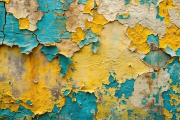 A close up view of peeling paint with blue yellow and white hues