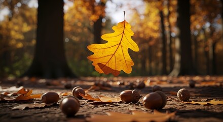 Autumn Leaf Falling Over Chestnuts on Forest Floor in Warm Sunlight