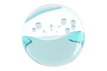 Cut out  blue liquid drop with bubbles transparent background, isolated. Modern abstract sphere symbolizing purity, freshness, clarity, and hydration.