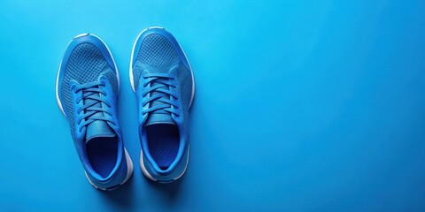 Blue athletic shoes viewed from above on a vibrant blue background
