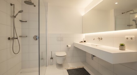 Modern Minimalist White Bathroom with Shower and Sink in Bright Lighting