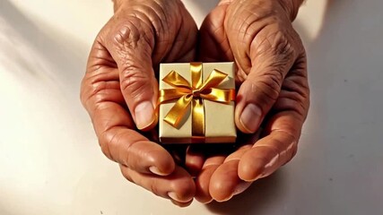 Elderly hands holding a small gift wrapped with a golden ribbon, symbolizing love and gratitude International Thank's Day