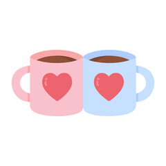 Couple mug with coffee or tea. Pair of pink and blue cup with red heart. Romance, love, valentine day concepts. Flat decorative vector design isolated illustration.