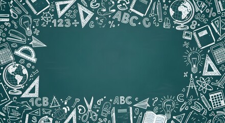 Back to School Chalkboard Background with Educational Symbols Frame Design