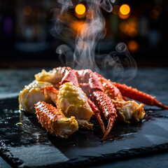 Deliciously prepared steamed red king crab legs, a luxurious seafood delicacy served fresh and hot on a stone plate