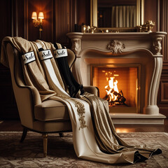 Elegant fabrics draped over a chair near a cozy fireplace sale time
