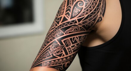 Detailed Polynesian Tribal Tattoo on Arm of Person Wearing Black Sleeveless Top