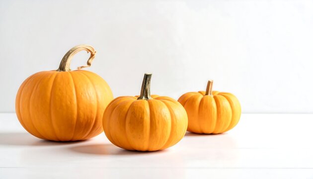 Three Orange Pumpkins on a White Surface.