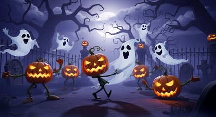 Halloween Ghosts and Jack-o Lanterns Dancing in Spooky Graveyard Scene with Full Moon
