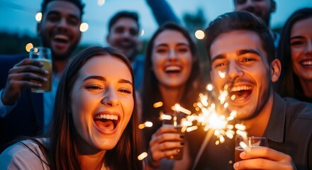 Fototapeta premium Group of cheerful young people celebrating with sparklers and drinks