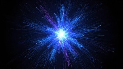 Light bursts outward in blue & purple sparks from a white-hot center