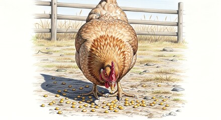 Brown Chicken Pecking and Eating on Farm Ground with Wooden Fence in Background