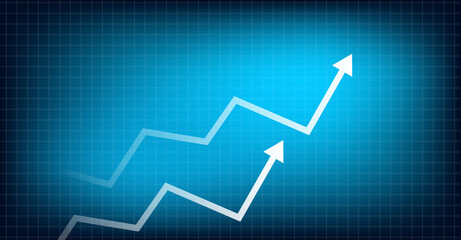 Graph with jagged upward arrows trend on blue grid background symbolizing financial growth and success