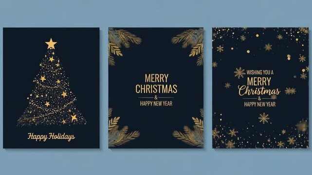 Three elegant Christmas and New Year greeting cards with festive designs.