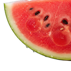 Close up of a juicy ripe watermelon slice with black seeds and water droplets on a transparent background macro photography