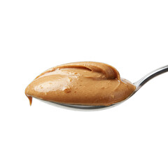 Close up of a metal spoon holding creamy peanut butter with a smooth texture and light brown color against a clean white background a delicious spread for toast or sandwiches