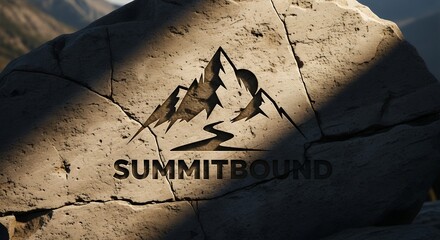 Mountain Logo Engraved on Rock with Shadow Effect for Outdoor Branding