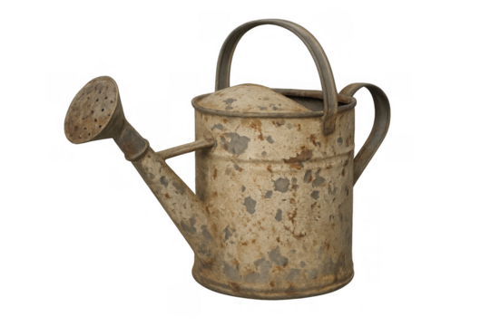 Rustic watering can standing, weathered metal and peeling paint showing an antique garden tool