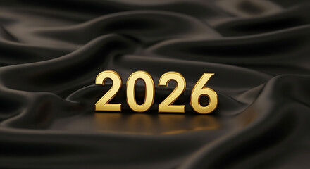 Golden 2026 new year number on black silk background with copy space