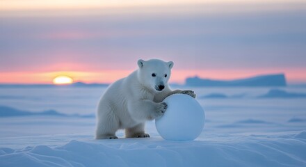 Young Polar Bear Cub Playing with Snowball in Arctic Sunset Scene