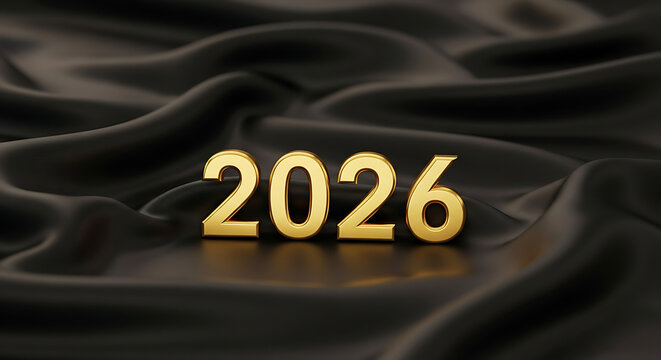 Golden 2026 new year number on black silk background with copy space