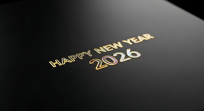 Happy new year 2026 golden text on black background for festive card