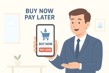 Buy Now Pay Later , flat vector illustration of a consumer making purchases with BNPL option on smartphone, symbolizing flexible payments.