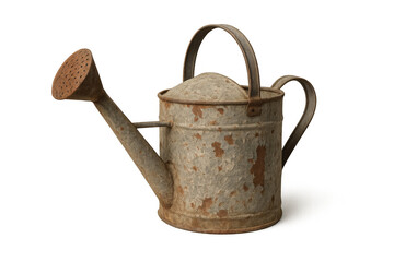 Rustic metal watering can with chipped paint and rust, vintage style gardening tool on transparent background
