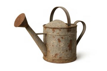 Rustic metal watering can with chipped paint and rust, vintage style gardening tool on transparent background