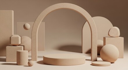 Minimalist geometric shapes arranged in monochromatic beige studio environment