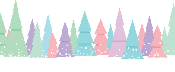 Obraz premium A colorful Christmas clipart set featuring a row of pastel-colored cartoon trees in various shades of pink, purple, blue, and green against a white background with scattered snowflakes.