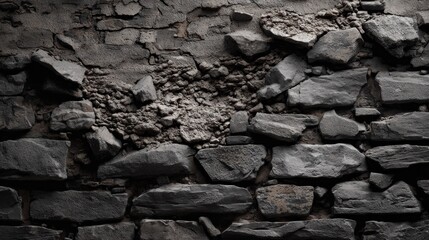 Fototapeta premium A close-up view of a rugged stone wall with uneven textures and broken sections, showcasing a mix of dark stones and mortar.