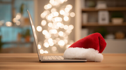 Holiday Digital Escape: A festive scene showcases a laptop with Santa's hat, symbolizing online shopping or remote work during Christmas, with soft bokeh lights in the background.