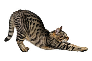 Fototapeta premium Cute Striped Bengal Cat Kitten Stretching Isolated White Background