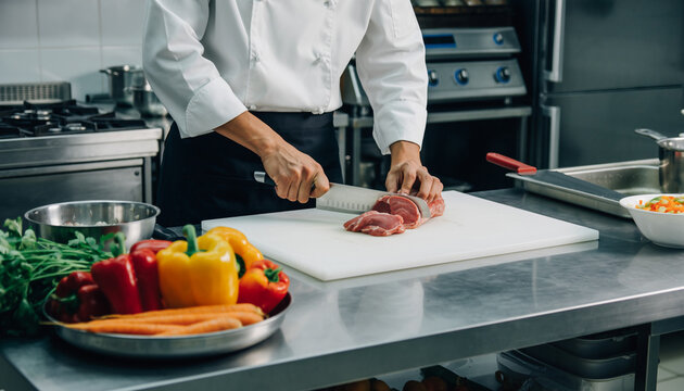 Professional chef preparing a gourmet meal, slicing a fresh fillet of meat on a cutting board in a commercial kitchen