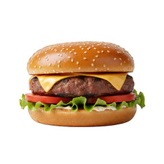 A Juicy Cheeseburger with Sesame Seed Bun Lettuce Tomato and Melted Cheese Isolated on a Black Background with Studio Lighting
