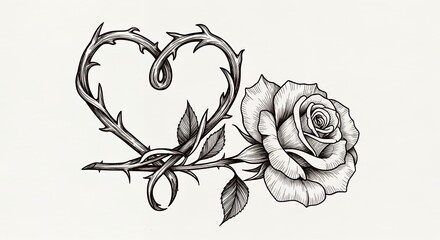 Black and White Rose with Heart-Shaped Thorns Tattoo Design