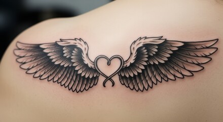 Black and Gray Winged Heart Tattoo on Skin with Artistic Design