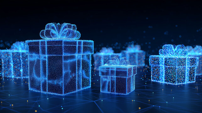 Digital Gifts: A futuristic portrayal of glowing gift boxes, symbolizing the evolving landscape of digital giving and online commerce.   - Powered by Adobe