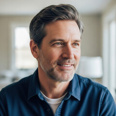 Obraz premium Middle-aged man with graying hair smiling and looking to the side male adult